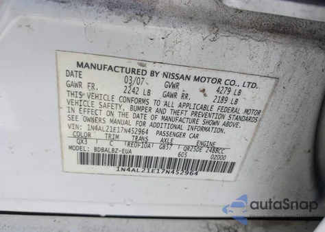 2007 Nissan Altima 2.5 S z USA, uszkodzony, nr VIN 1N4AL21E17N452964